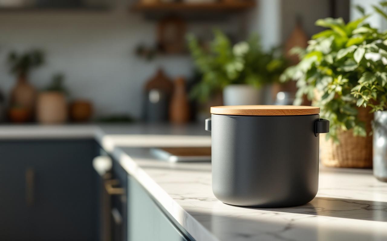 Petit bac à compost compact gris charbon avec couvercle en bois posé sur un plan de travail en marbre dans une cuisine moderne et élégante, baignés d'une douce lumière matinale, avec une plante verte et ustensiles soignés en arrière-plan.