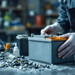 Batterie solaire domestique usagée près de panneaux photovoltaïques, dans une ambiance industrielle propre, avec une scène montrant la reprise et le recyclage.