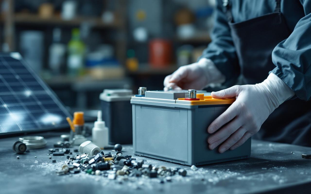 Batterie solaire domestique usagée près de panneaux photovoltaïques, dans une ambiance industrielle propre, avec une scène montrant la reprise et le recyclage.
