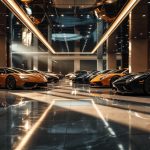 Garage luxueux inspiré de Monaco, rempli de supercars brillantes, reflets spectaculaires sur les sols et lumière cinématographique.