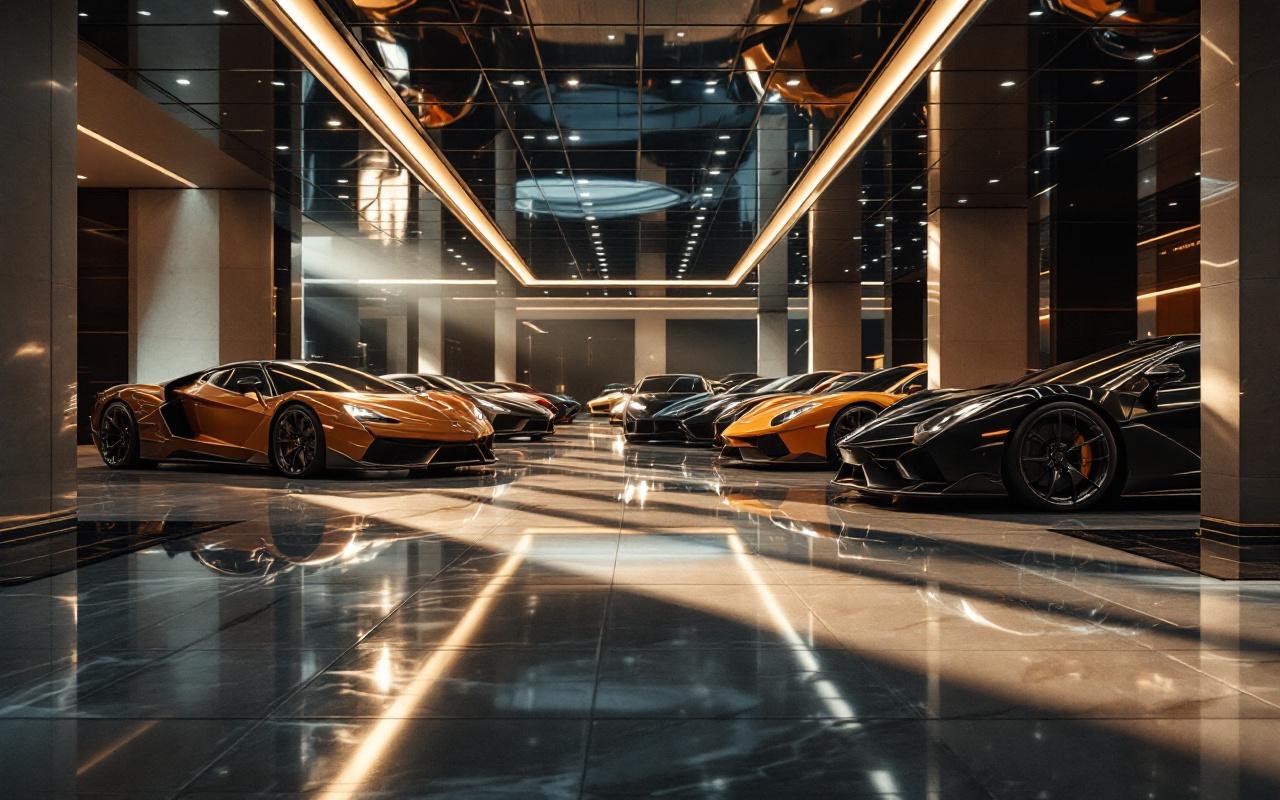 Garage luxueux inspiré de Monaco, rempli de supercars brillantes, reflets spectaculaires sur les sols et lumière cinématographique.