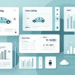 Illustration éditoriale avec des fiches de voitures sobres, des icônes liées aux émissions et à la consommation, et des éléments graphiques sur la mobilité durable.