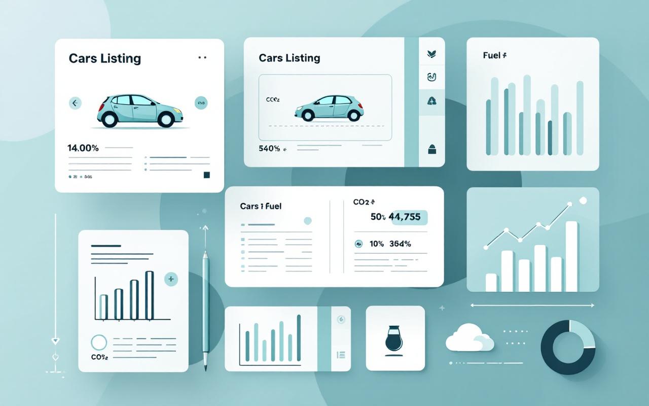 Illustration éditoriale avec des fiches de voitures sobres, des icônes liées aux émissions et à la consommation, et des éléments graphiques sur la mobilité durable.