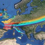 Carte météorologique réaliste de l’Europe et de l’Atlantique montrant le courant-jet polaire, des couloirs de vent colorés et plusieurs parcs éoliens au sol.