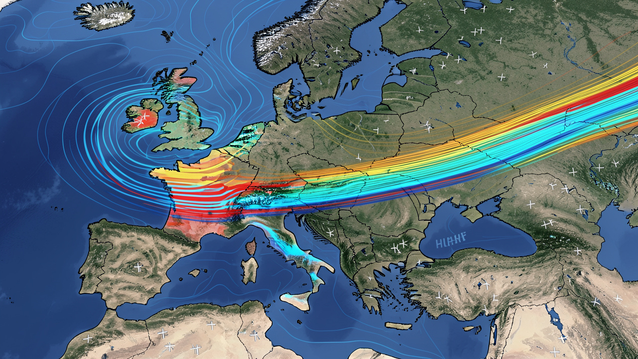 Carte météorologique réaliste de l’Europe et de l’Atlantique montrant le courant-jet polaire, des couloirs de vent colorés et plusieurs parcs éoliens au sol.