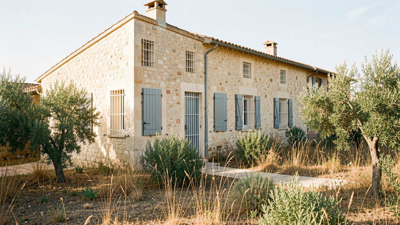 Maison provençale entourée de végétation débroussaillée, avec des volets métalliques fermés et de fines grilles sur les aérations, éclairée par une lumière estivale réaliste.