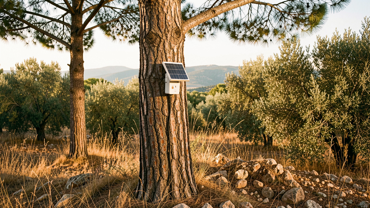 Capteur solaire de détection d’incendie fixé au tronc d’un pin, avec panneau photovoltaïque visible, en lisière d’une forêt méditerranéenne.