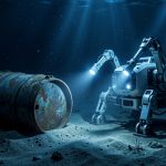 Illustration scientifique réaliste d’un robot sous-marin autonome éclairant et observant un fût métallique posé sur une plaine abyssale de l’océan Atlantique, dans une lumière bleue sombre.