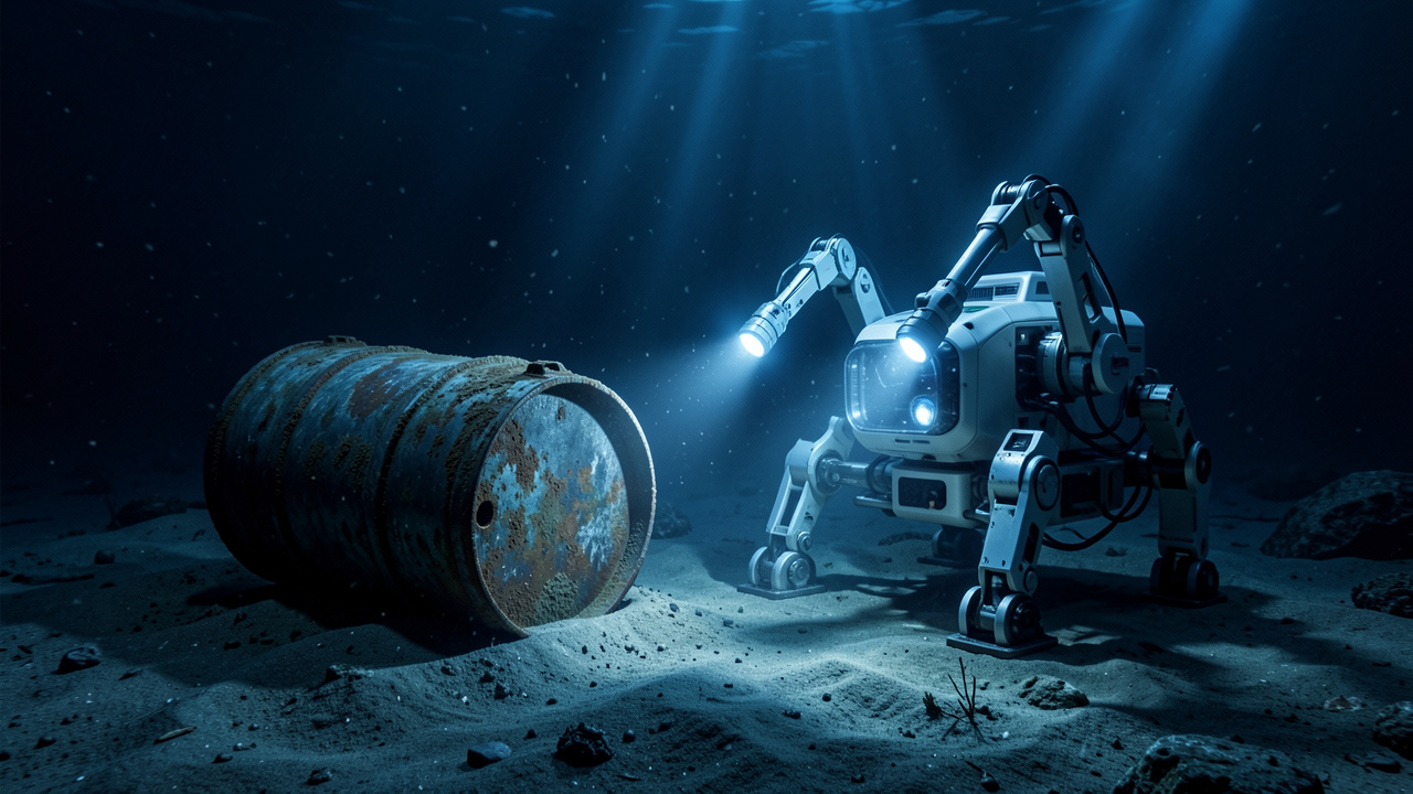 Illustration scientifique réaliste d’un robot sous-marin autonome éclairant et observant un fût métallique posé sur une plaine abyssale de l’océan Atlantique, dans une lumière bleue sombre.