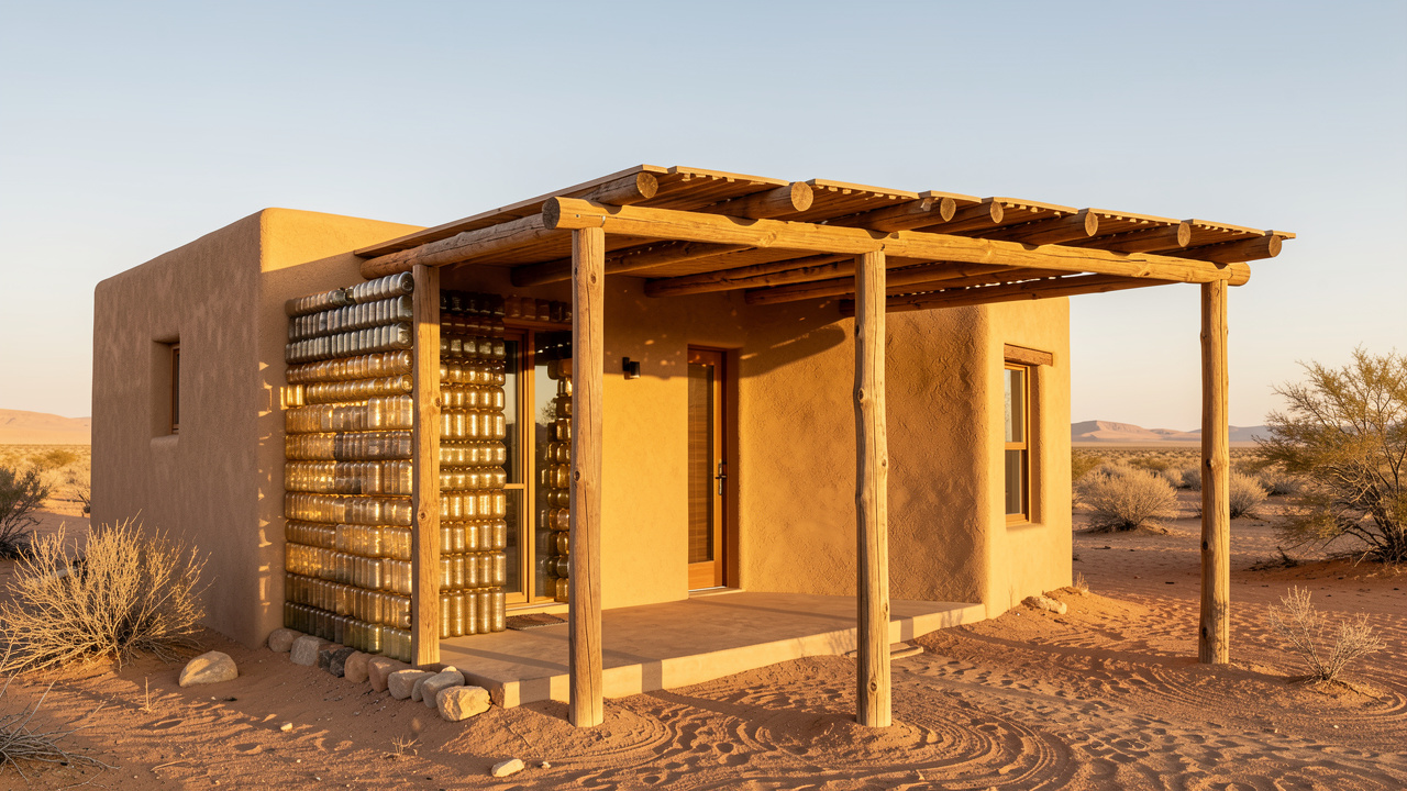 Maison désertique bioclimatique aux murs enduits intégrant des bouteilles remplies de sable et une pergola d’ombrage, éclairée par une lumière chaude.