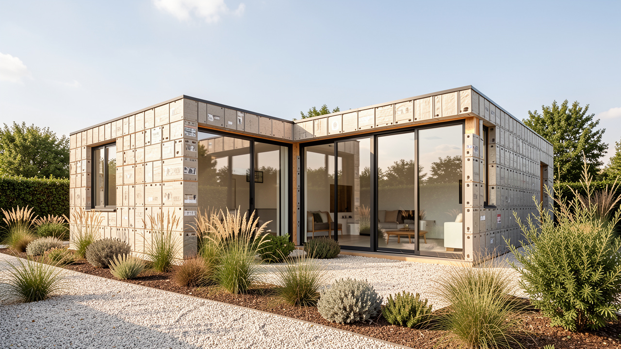 Maison contemporaine à ossature modulaire, construite avec des blocs de plastique recyclé visibles, une isolation extérieure apparente, de grandes baies vitrées orientées au sud et un jardin minimaliste baigné de lumière naturelle.