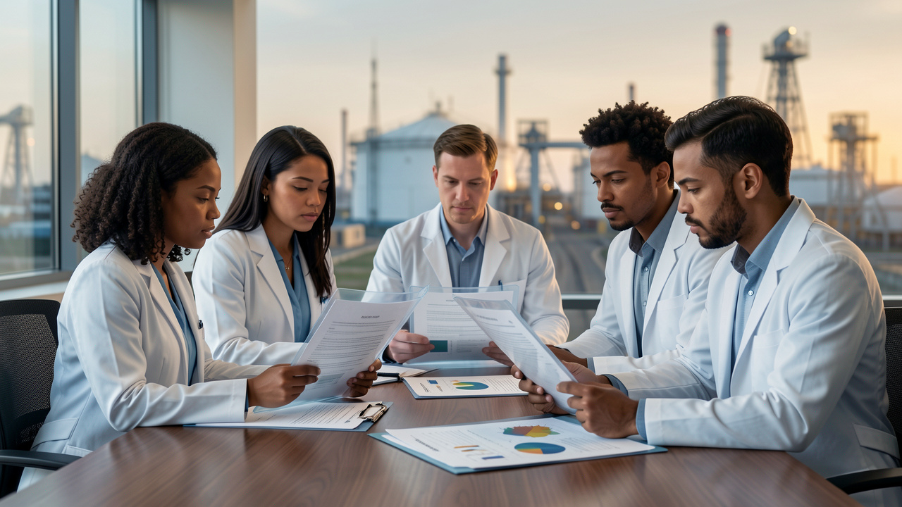 Réunion internationale de deux femmes et trois hommes scientifiques autour d’une table, examinant des dossiers transparents sur le climat, avec des infrastructures pétrolières floues en arrière-plan.