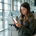 Une jeune voyageuse compare des options de vol sur son téléphone dans un aéroport lumineux, avec une valise à ses côtés.