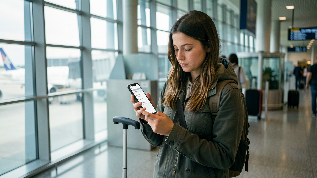 Une jeune voyageuse compare des options de vol sur son téléphone dans un aéroport lumineux, avec une valise à ses côtés.