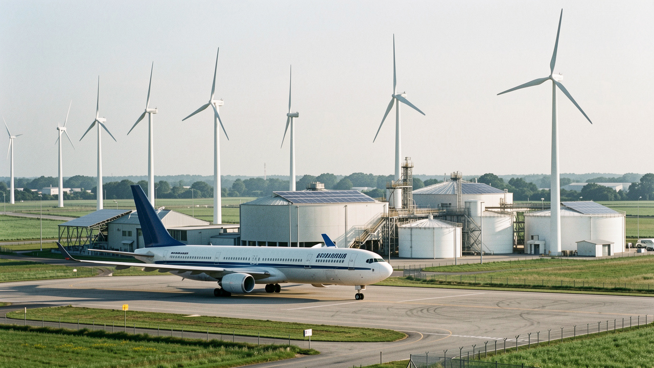 Avion de ligne stationné devant une unité industrielle de carburant durable avec réservoirs, panneaux solaires et éoliennes.