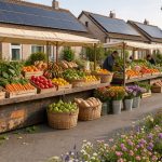 Marché de producteurs locaux coloré devant des logements équipés de panneaux solaires, dans une ambiance lumineuse, réaliste et chaleureuse.
