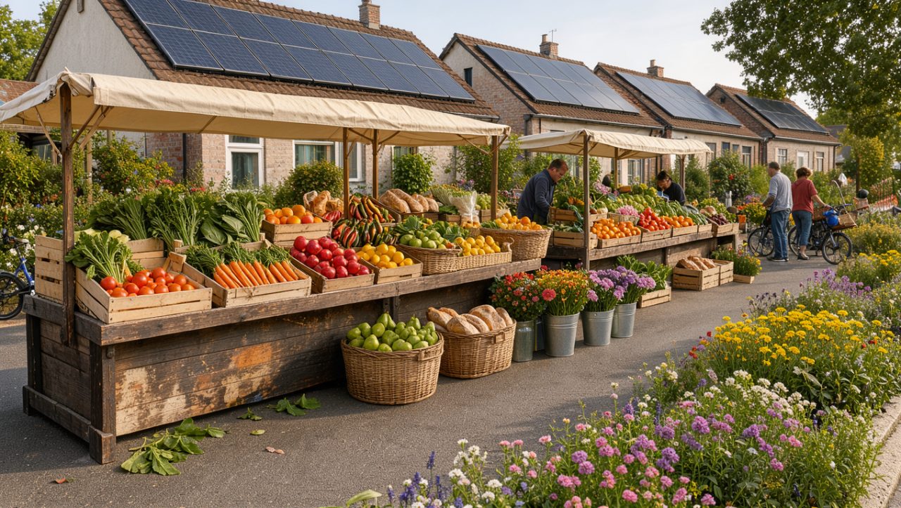 Marché de producteurs locaux coloré devant des logements équipés de panneaux solaires, dans une ambiance lumineuse, réaliste et chaleureuse.