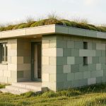 Petit logement contemporain de 40 m² construit avec de grands blocs emboîtables en plastique recyclé, doté d’une toiture végétalisée légère et situé dans un environnement rural baigné de lumière naturelle.