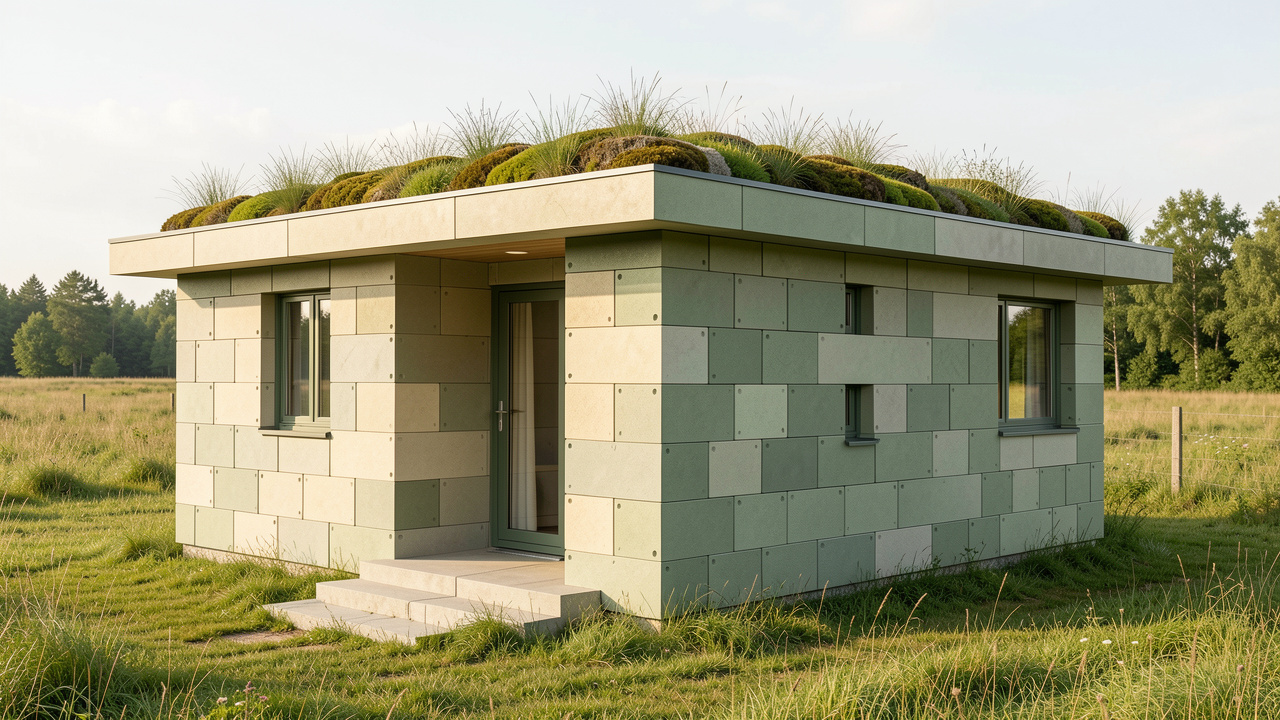 Petit logement contemporain de 40 m² construit avec de grands blocs emboîtables en plastique recyclé, doté d’une toiture végétalisée légère et situé dans un environnement rural baigné de lumière naturelle.