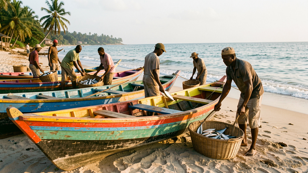 Des pirogues artisanales colorées sur une plage d’Afrique de l’Ouest, tandis que des pêcheurs déchargent de petits poissons dans des paniers.